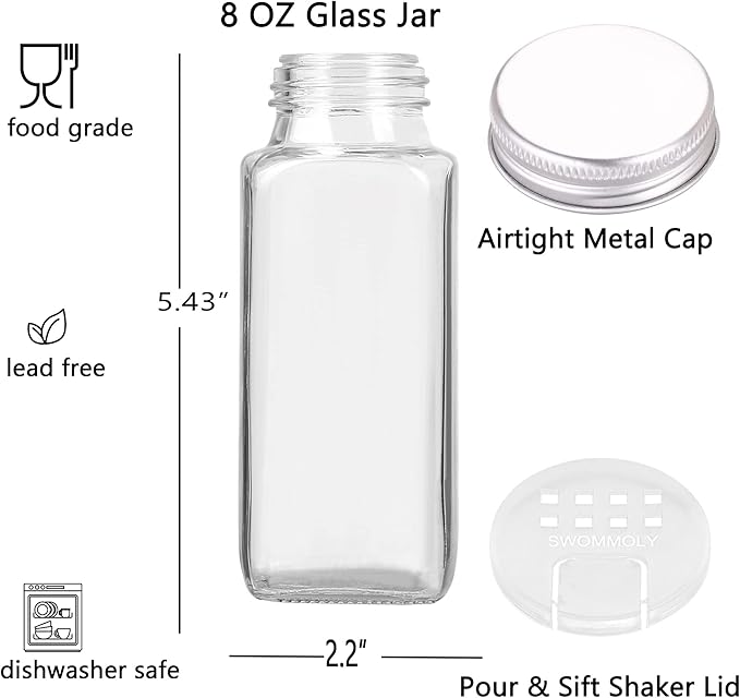 SWOMMOLY 25 Glass Spice Jars 8 oz Empty Spice Bottles with 713 Spice Labels, Chalk Marker and Funnel Complete Set. 25 Square Seasoning Containers with Airtight Cap, Pour/sift Shaker Lid