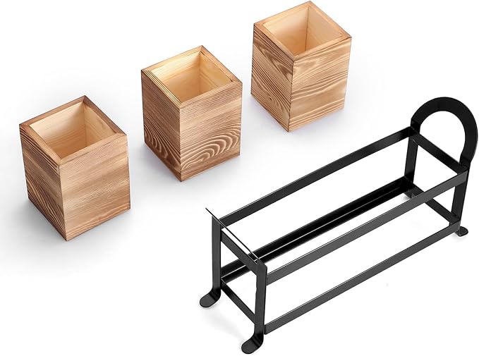 Wooden Utensil Caddy, Farmhouse Kitchen Silverware Holder with 3 Compartment, Flatware Organizer with Black Portable Metal Tray, Utensil Cutlery Organizer for Forks Spoons Knives, Wood