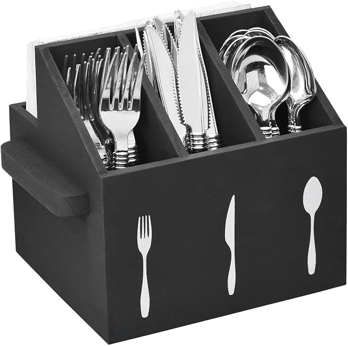 Ikee Design Wooden Utensil Caddy with Handles, Silverware Caddy, Silverware Holder for Countertop,Party,Camping and Kitchen, Organizer, Picnic Cutlery Holders, Black Color