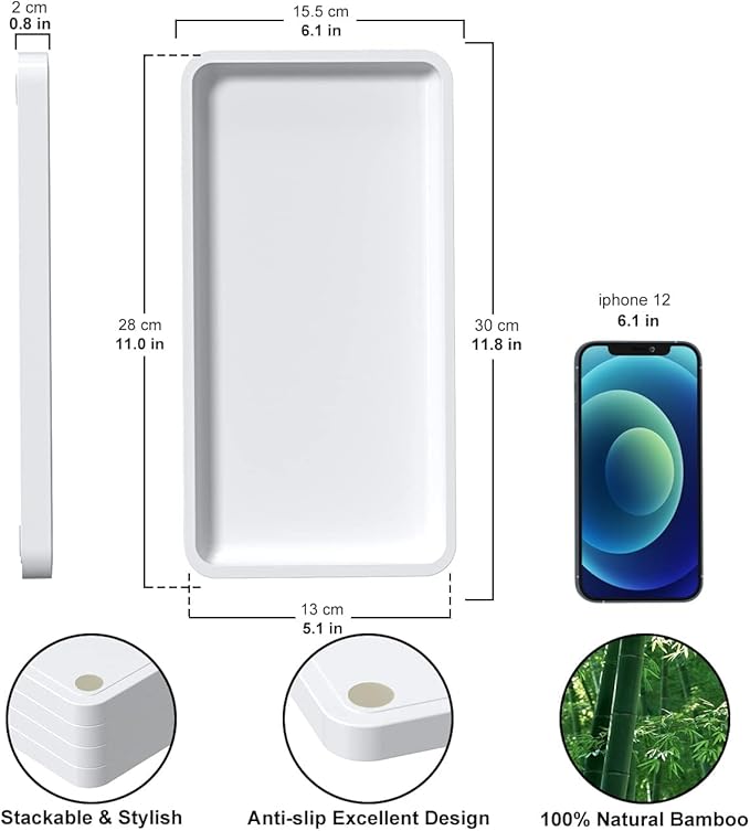Weenson Bathroom Vanity Trays for Countertop Toiletries Decor Candle Perfume Makeup, Kitchen Tray for Soap Dispenser Spice Salt Oil, White Tray for Toilet Tank Coffee Nightstand Set of 2