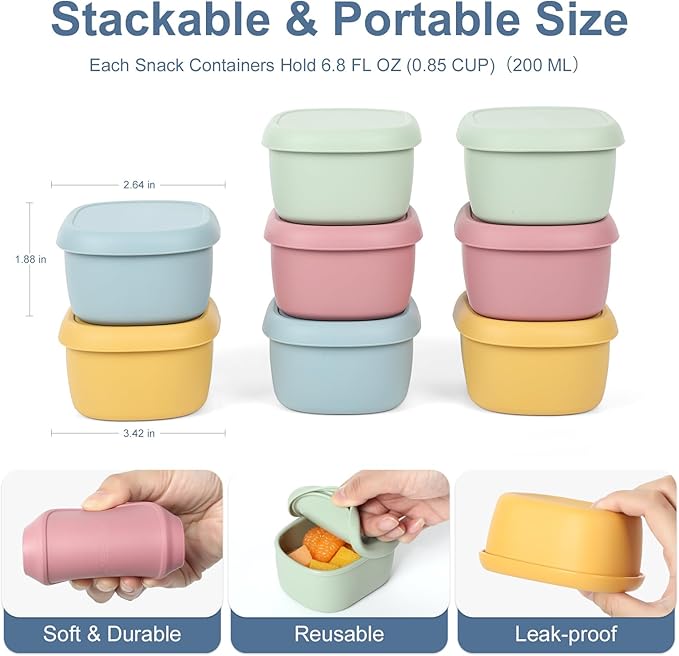 8 pcs 6.76 oz Silicone Snack Containers for Kids Small Food Containers with Lids, Fruit Containers for Lunch, Stackable Lunch Containers for Kids, Daycare, School and Travel