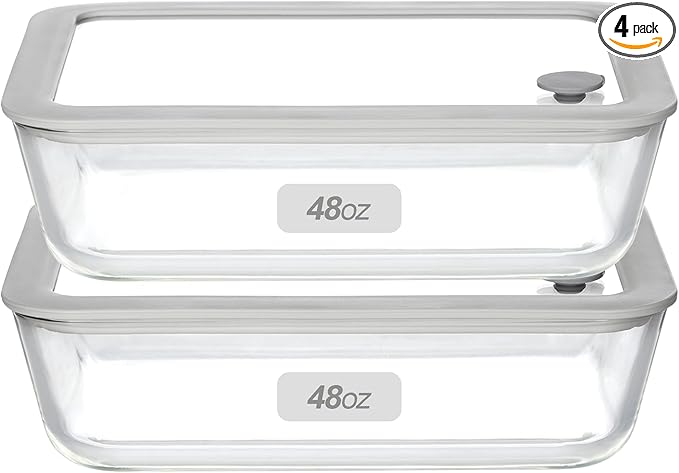 Glass Food Containers with Glass Lid, Microwave Safe Food Storage Container Set, 2 Pack of 48oz, Large Size Meal Prep Storage Set with Airtight Leak Proof Lid.