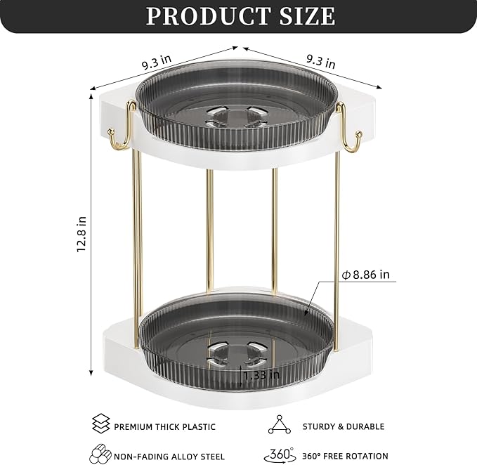 2 Pack Lazy Susan Turntable - Corner Spice Organizer for Cabinet - 9 Inch Rotating Condiment Rack Storage for Refrigerator, Pantry, Kitchen, Vanity, Bathroom Countertop (2 Tier-Gray)