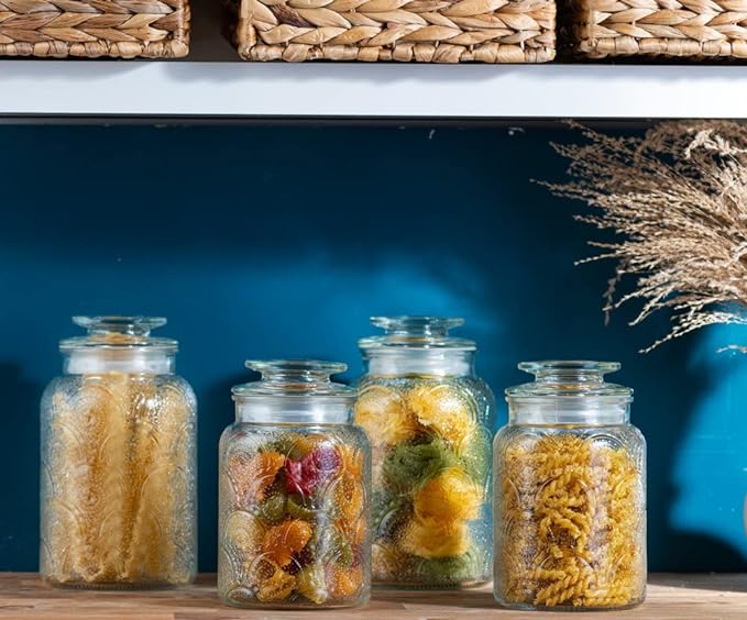 4pc Vintage Glass Canister Set with Airtight Lids - For Kitchen Food Storage and Organization