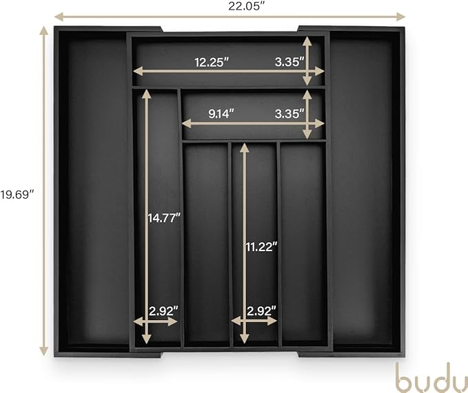 budu Silverware Drawer Organizer #18.5" Depth – Black - Utensil Holder, Kitchen Drawer Organizers for Flatware, Cutlery – Perfect Utensil Organizer for Silverware & Other Kitchen Organization Tools