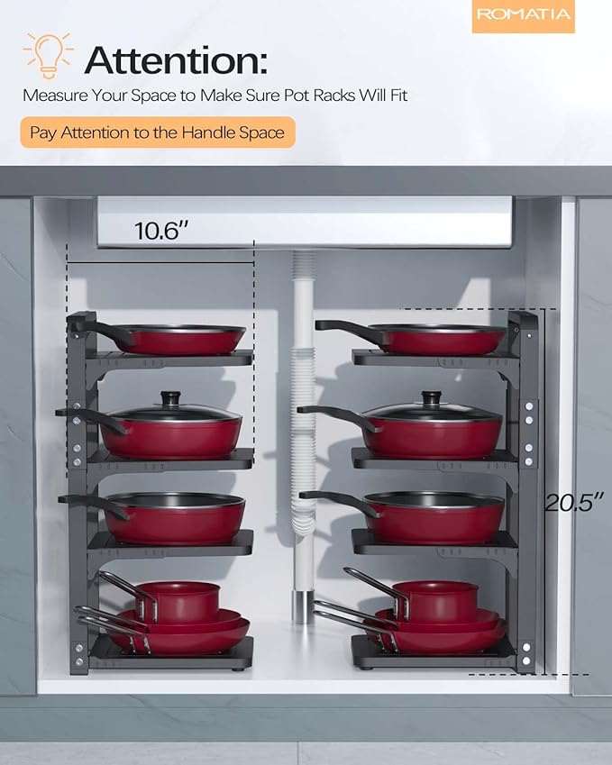 Pot and Pan Organizer Rack for under Cabinet, Heavy Duty Pot Pan Rack under Sink Organizers and Storage, Pot lid organizer, Kitchen Cabinet Organizer with 4 Adjustable Shelves
