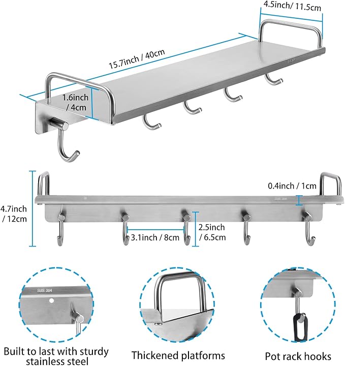 Spice Holder Rack Wall Mounted, Pots Pans Cups Hanger 16 Inch With 5 Hooks-Heavy Duty Small Kitchen Organizer - 304 Stainless Steel Shelf Coffee Mugs Storager for Glass Jars Bottles Utensil Cookware