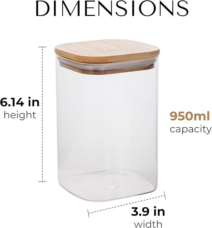 32oz Square Borosilicate Glass Canister With Bamboo Lid, Airtight Pantry Storage Jar Containers Ideal for Rice, Candy, Sugar, Flour, Nuts, Cookies and Coffee Beans (4 Pack)