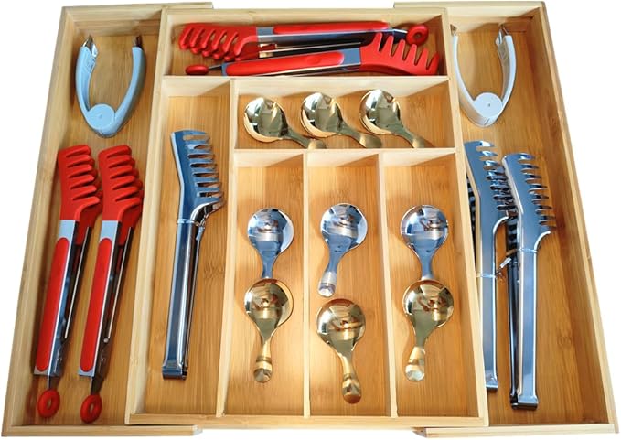 Adjustable Bamboo Drawer Organizer, Expandable Silverware Drawer Organizer, Large Cutlery Tray with Wooden Drawer Dividers for Flatware Organizing Kitchen Utensils Holder (6-8 Slots, Natural)