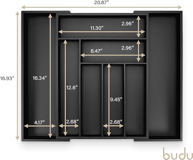 budu Silverware Drawer Organizer #16.9" Depth – Black - Utensil Holder, Kitchen Drawer Organizers for Flatware, Cutlery – Perfect Utensil Organizer for Silverware & Other Kitchen Organization Tools