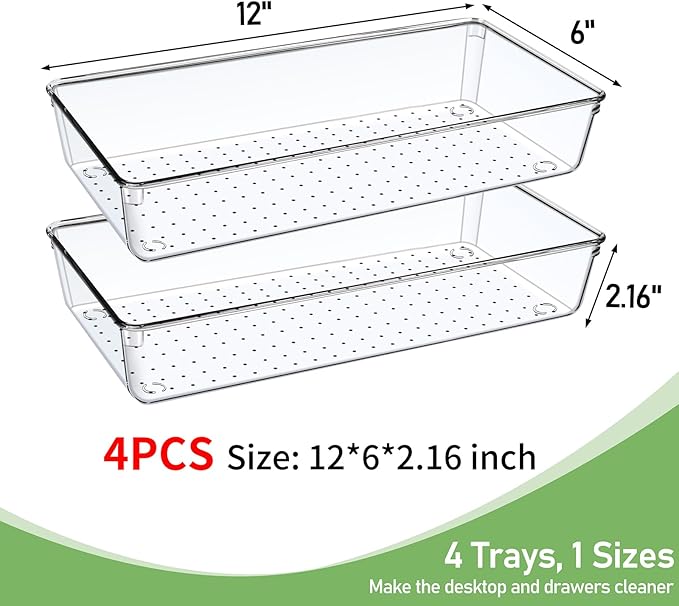 4PCS Clear Plastic Drawer Organizer Tray, 12'' Large Acrylic Vanity Bathroom Drawer Organizers Trays, Desk Drawer Organizer Bins for Cosmetics, Makeup, Kitchen, Office, Junk Drawer Organization