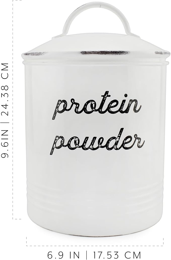 AuldHome Design Enamelware Protein Powder Canister; White Rustic Distressed Style Storage for Kitchen