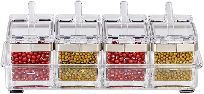 Seasoning Box Stainless 304 Steel Edge, Seasoning Rack Spice Pots, Storage Container Condiment Jars, 4 Piece Clear Acrylic Cruet with Cover and Spoon