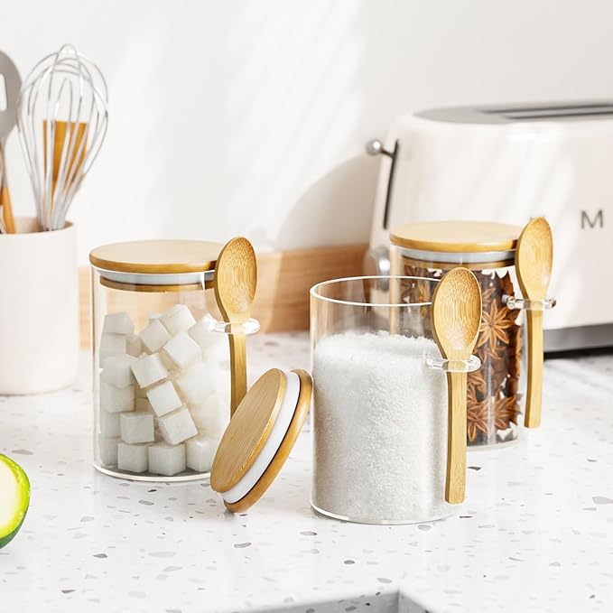 Coffee Sugar Container Salts Jars - 15oz Glass Airtight Caning with Bamboo Lids and Spoons Scoop, Storage Overnight Oats, Spice, Creamer, Food Organizer, Set of 3