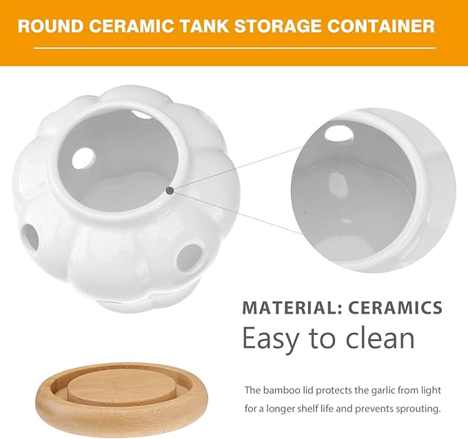 UPKOCH White Ceramic Garlic and Ginger Storage Container with Bamboo Lid, Ventilated Kitchen Canister, Ceramic Jar with Holes for Food Storage, 13x13x11cm