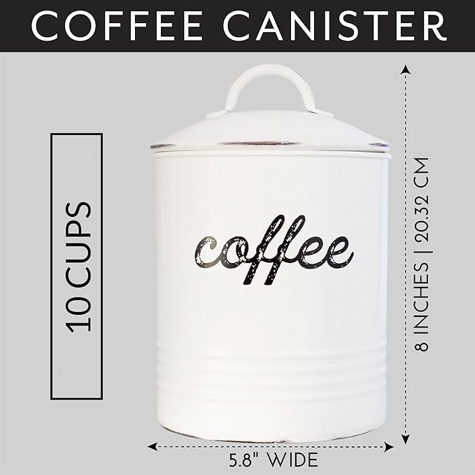 AuldHome Design Enamelware White Coffee Canister; Rustic Distressed Style Tea Storage for Kitchen