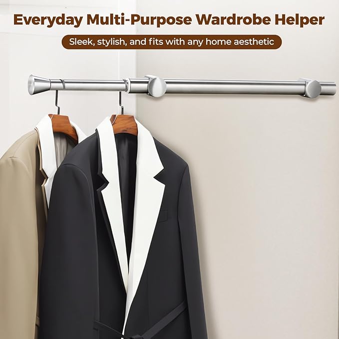 12" Pull-Out Valet Rod for Closet Organization, Add Extra Hanging Space 304 Stainless Steel Closet Rods, Space-Saving Design for Small Closets,Silver 2 Pack