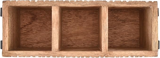 NIRMAN Mango Wood 3 Compartment Multi Purpose Utensil Cutlery Racks for Cutlery, Napkins, Cups Caddy Organizer (11" x 4" x 4.5")