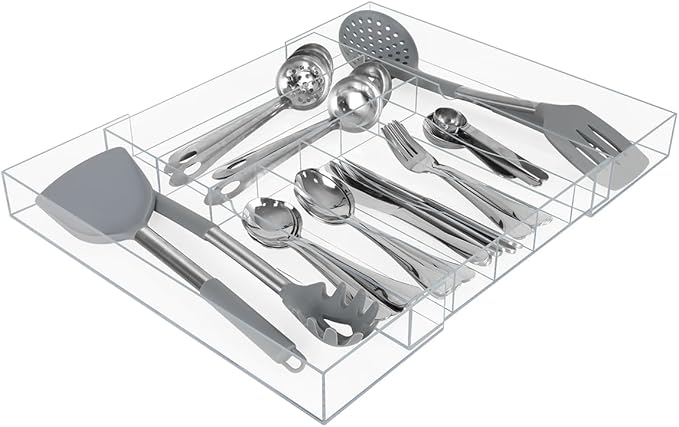 AIEVE Clear Acrylic Silverware Organizer, Expandable Kitchen Drawer Organizer for Utensils, Flatware, Cutlery with 9 Compartments