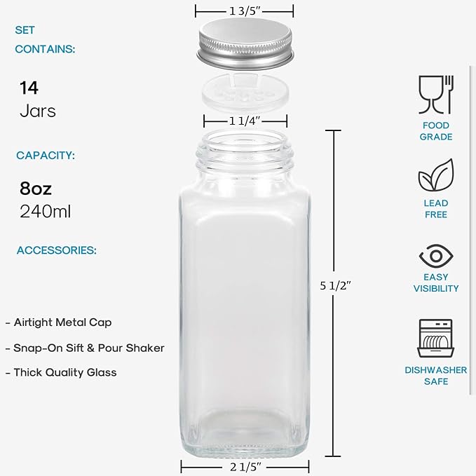 AOZITA 14 Pcs Glass Spice Jars with Spice Labels - 8oz Empty Square Spice Bottles - Shaker Lids and Airtight Metal Caps - Chalk Marker and Silicone Collapsible Funnel Included