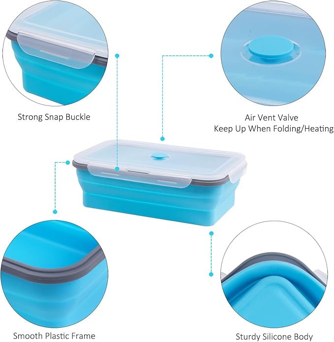 Extra Large Collapsible Food Storage Containers with Lid & Air Vent, 81 oz, 4 Pack, XXL Collapsible Marinade Container BBQ Prep Foldable Silicone Containers, Microwave Freezer Dishwasher Safe, Blue