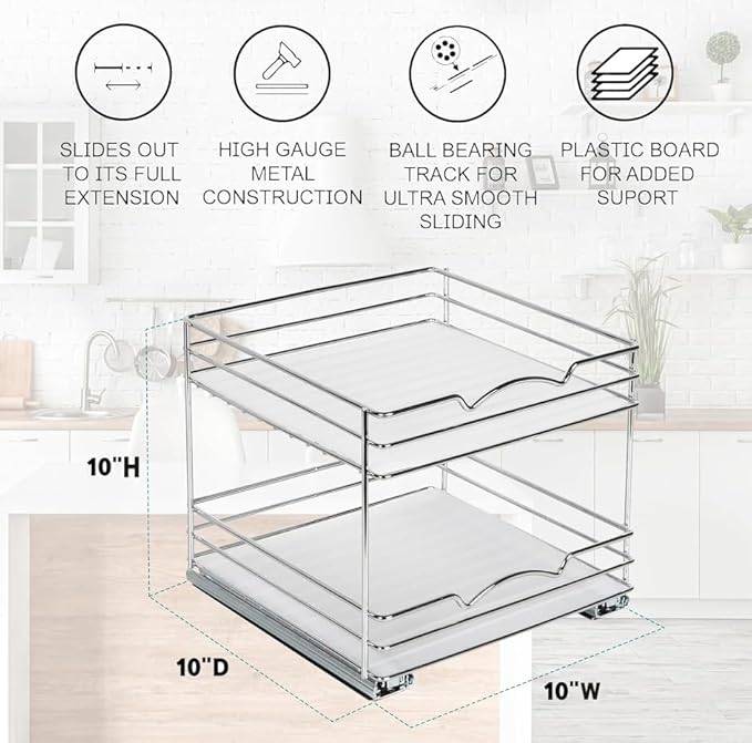 Pull Out Cabinet Organizer for Spices, Cans - Heavy Duty with Lifetime Limited Warranty- Pull Out Spice Rack- Cabinet Pull Out Shelf for Cans,Dishes, Etc, 10-1/2"Wx10-3/8"Dx8-7/8" H, Chrome