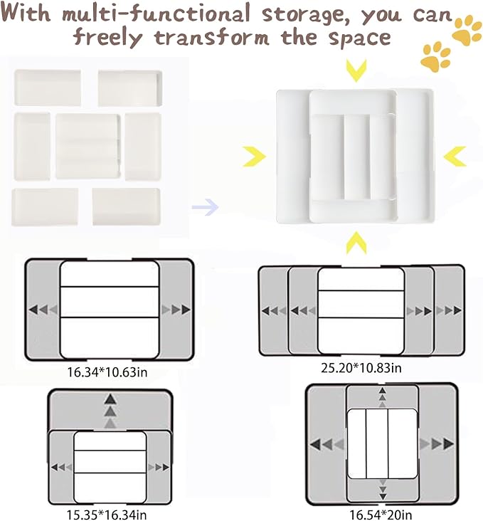 Utensil Organizer Silverware Drawer Organizer for Utensil Holder expandable in four directions W10.63∼20.08×D10.63∼20.08×H2 for Utensil Holder Makeup Desk Drawer Tool Organization (white)