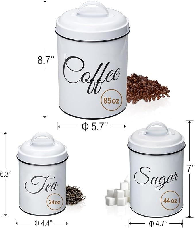 3-Piece Country Kitchen Canisters, Vintage Tea Sugar Coffee Canister Set, Rustic Farmhouse Metal Food Storage Tins for Coffee, Sugar, Tea, for Kitchen Countertop, White