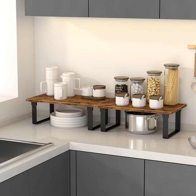 Cabinet Shelf Organizers, Set of 4 Stable Kitchen Counter Shelves, Stackable Expandable Spice Racks, Wood Anti-Slip Kitchen Organizers and Storage, Easy to Assemble, Rustic Brown