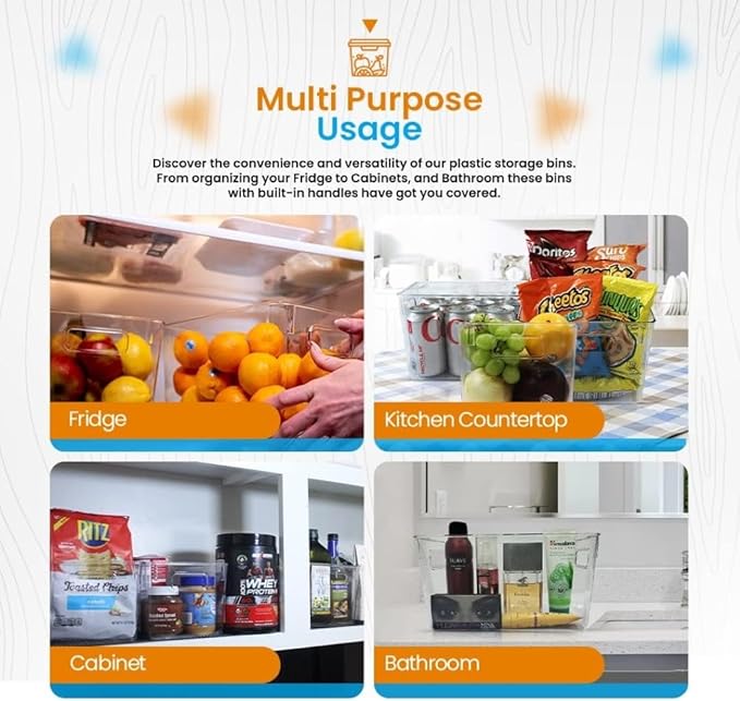 Refrigerator Organizer - Food Pantry Storage Box with Handles, Clear Plastic, BPA Free, Multi-Size Saves Space (9.8x3.5x2.7inches)
