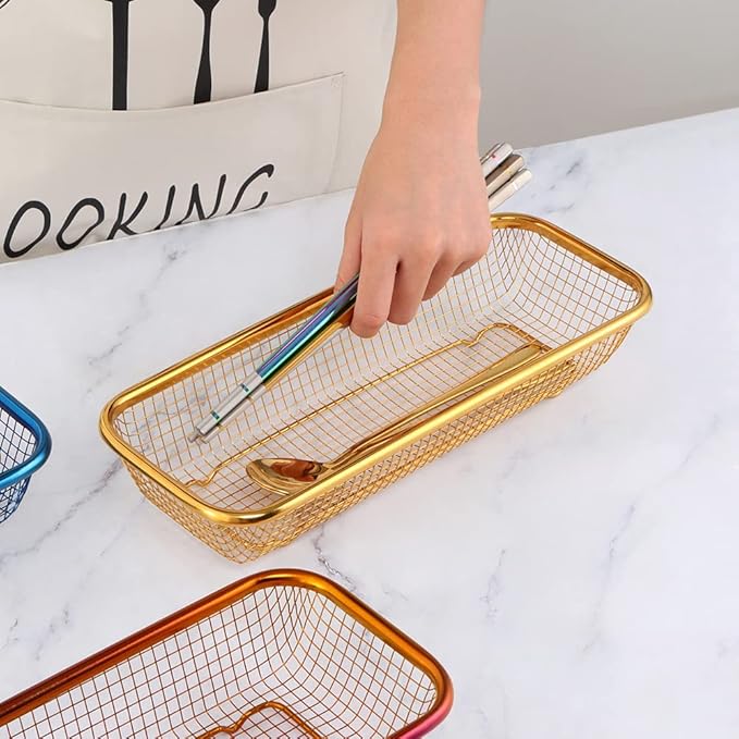 Kitchen Drawer Organizer, BuyGo Stainless Steel Storage Container Gold Metal Cabinet Storage Basket for Holding Silverware Kitchen Utensil, Pack of 2