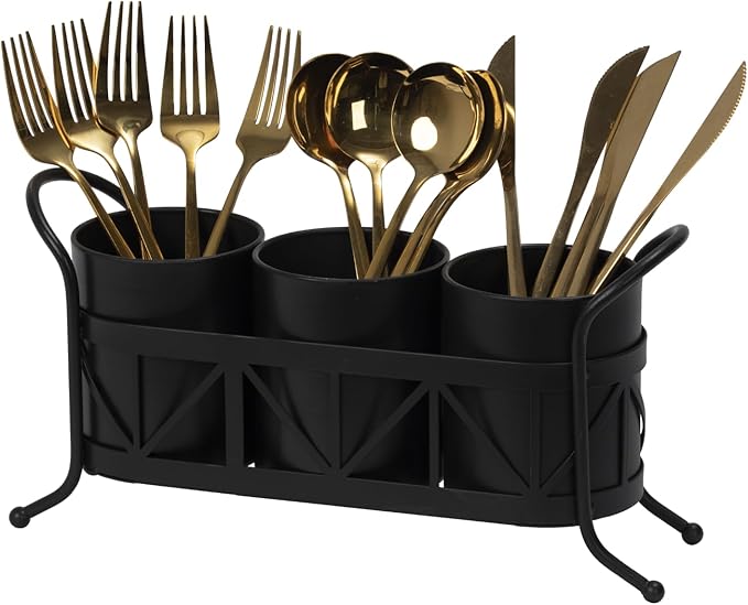 Kitchen Utensil Holder, Silverware Cutlery Organizer, Versatile Flatware Caddy Storage for Forks Spoons Knives, Perfect for Countertop Party Camping - Black Round