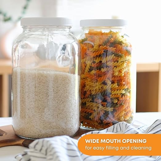 FastRack - One Gallon Wide Mouth Jar with White Metal Airtight Lid (Pack of 2) | Glass Canisters with Airtight Lids | Gallon Glass Jar with fermentation lids for brewing, fermentation and pickling
