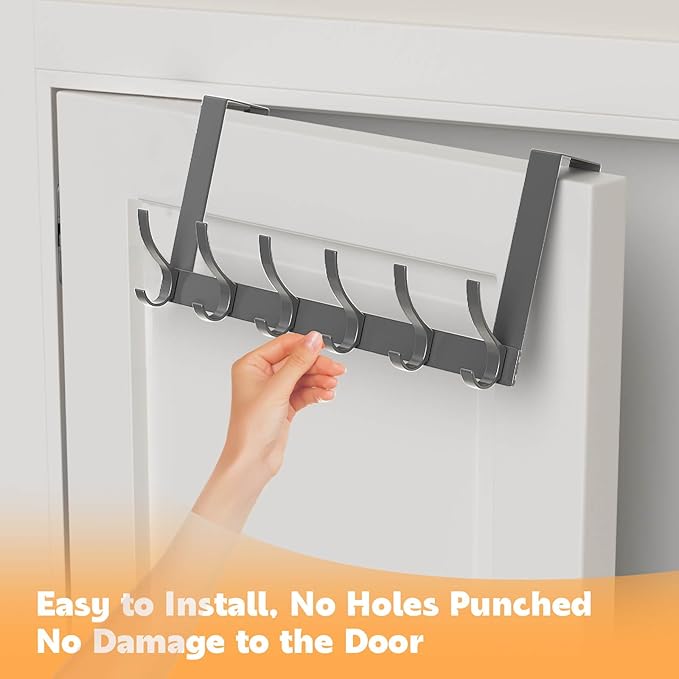 2 Pack Over The Door Hooks, Sturdy Door Hanger, Large Over The Door Towel Rack with 12 Hooks, Heavy Duty Easy to Install, for Bathroom, Bedroom,Kitchen,Hanging Towels, Coats (Grey)