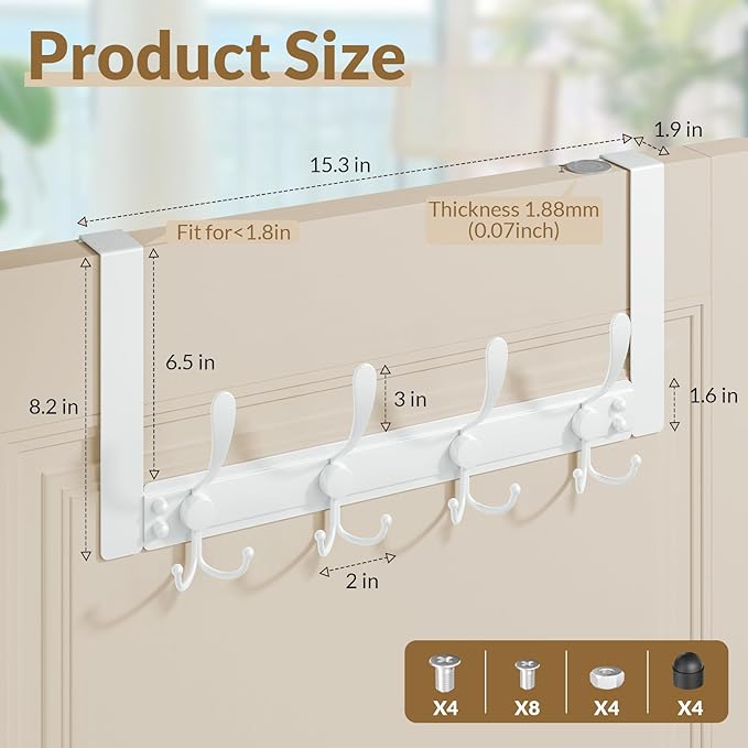 2 Packs Over The Door Hooks with 4 Tri Hooks, Heavy Duty Over Door Hanger for Bathroom Closet Bedroom Kitchen Dorm Room, Towel Coat Rack Home Organizer for Hanging Clothes Coat Hat Jacket (2, White)