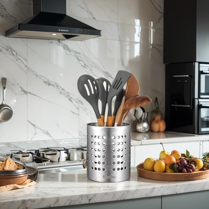 KSENDALO Kitchen Stainless Steel Utensil Holder, 18/10(304) Heavy Thick Utility Sturdy Silverware Drying Holder for Kitchen Home and Office, 7.3 Oz, Diameter 4.33"(M)