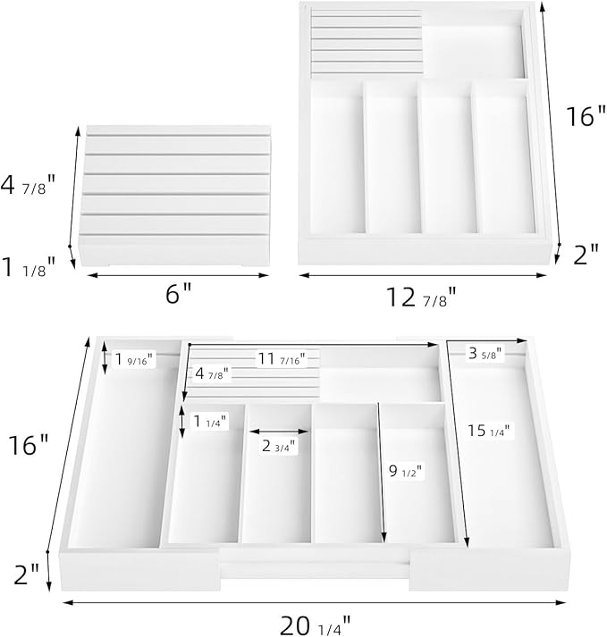 Silverware Drawer Organizer Bamboo Knife Organizer Drawer Insert Expandable Utensil Holder for Kitchen Drawer Flatware Holder W12.8-20.2" x L16 x H2 (White)