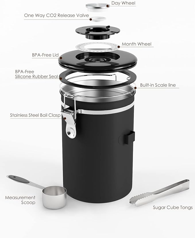 HAIOOU Airtight Coffee Canister, 22OZ Large Stainless Steel Coffee Bean Storage Container with Date Tracker, Measuring Scoop, 6Pcs CO2 Valves and Mini Tongs for Beans, Grounds, Sugar and more - Black