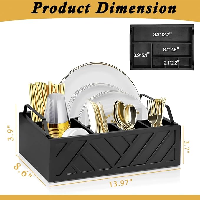 Paper Plate Dispenser, Paper Plate Holder for Kitchen Counter, Wood Rustic Silverware Utensil Caddy, Flatware Organizer with 6 Compartments- Plate Caddy for Picnic and Kitchen (Black)