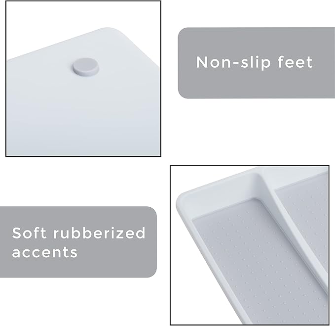 Smart Design 3-Compartment Plastic Drawer Organizer - Non-Slip Lining and Feet - BPA Free - Utensils, Flatware, Office, Personal Care, or Makeup Storage - Kitchen - White with Gray