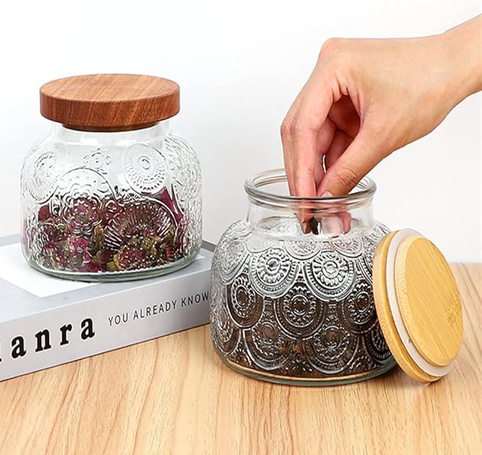 Vintage Glass Jar with Lid, Airtight Glass Storage Jar, 25.3 FL OZ Glass Food Storage Container, Decoration Glass Jar for Candy, Coffee, Tea, Nut, Sugar container (Garden)