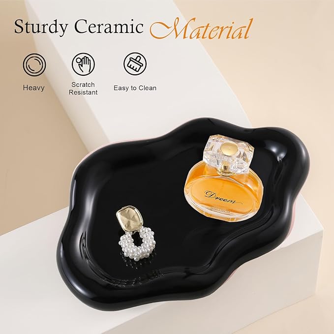 Ceramic Jewelry Tray Trinket Dish, Decorative Cloud Vanity Key Tray for Women, Ring Holder Dish, Cute Jewelry Plate Bowl Room Decor Aesthetic, Black, Medium