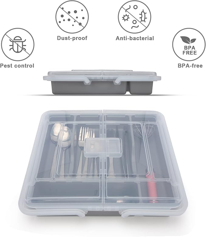 Portable Utensil Holder for Countertop with Lid & Handle, Plastic Silverware Tray for Drawer Flatware Organizer, Gray