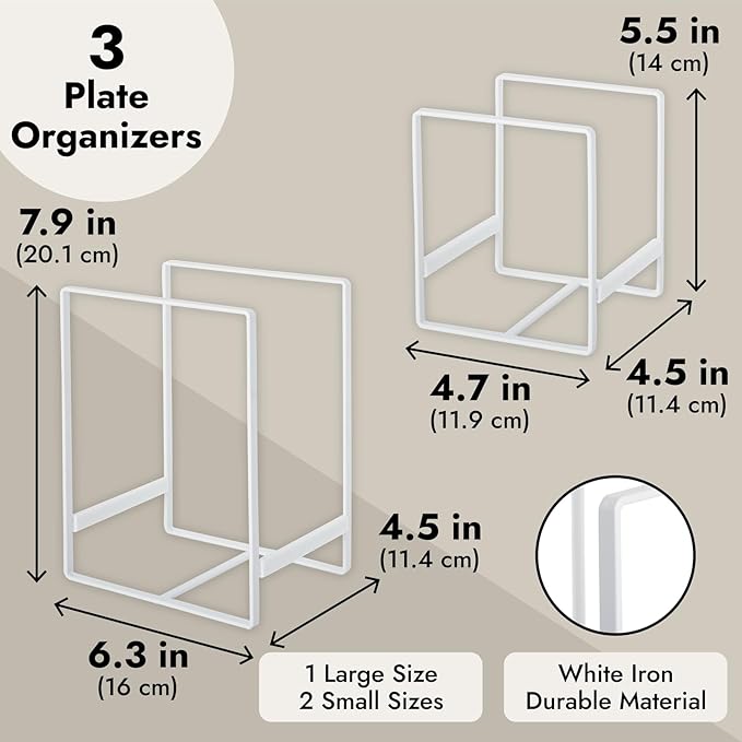 Juvale 3 Piece Plate Organizer for Kitchen Cabinet, Shelf, 2 Sizes for Pots, Pans, Cutting Boards (White) - Plate Rack