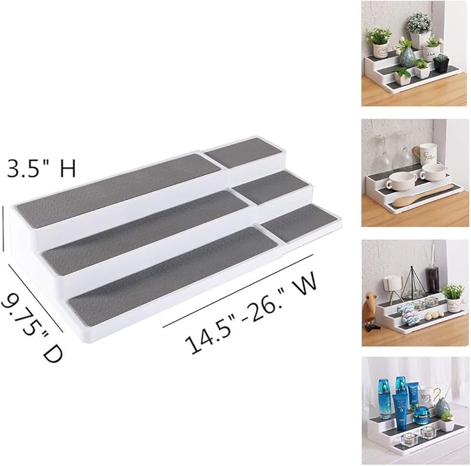 YCOCO 3-Tier Expandable Spice Rack Step Modern Design Waterproof and Non Skid Shelf Kitchen Organizer for Pantry Cabinet or Countertop Use