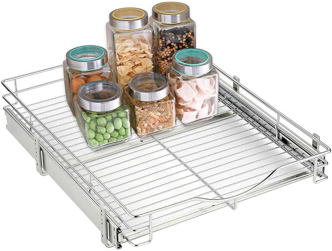 DINDON 1 Tier Pull Out Cabinet Organizer (17" W x 21" D) Heavy-Duty Metal Sliding Drawer Shelf, Slide Out Wire Basket for Kitchen Cabinets, Pantry, Bathroom, Chrome Finish…
