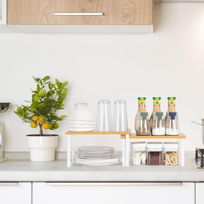 Cabinet Organizer - Set of 6 Stackable, Expandable Metal & Wood Shelves for Kitchen Counter, Spice, Mug & Plate Storage