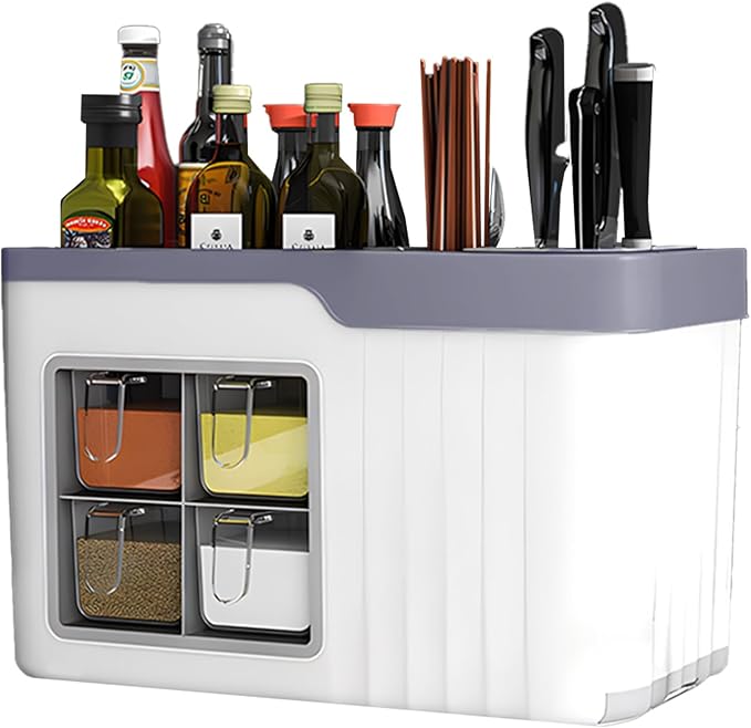 Spice Rack Organizer & Holder with Knife Block, Multifunctional Kitchen Organizer with Seasoning Storage Box, Seasoning Box, Spices Jars Storage Shelf for Kitchen Countertop