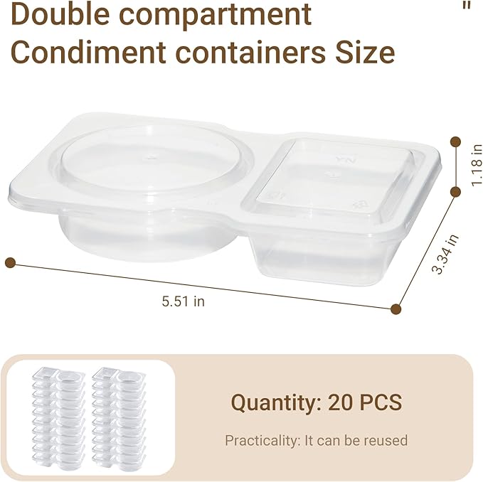 Snack Containers Double Compartment Snack Packs with Lids Grab and Go Snack Prep Box Meal Prep 2 Compartments Condiment Dipping Containers (20 Pcs)