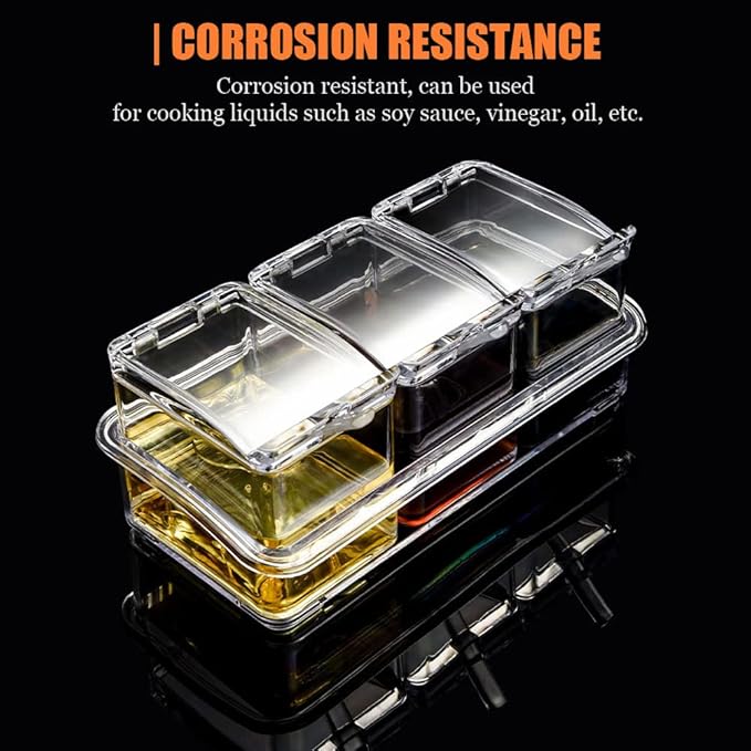V·RESOURCING Clear Seasoning Box, 3 Pieces Seasoning Rack Spice Pots Storage Container for Spice Salt Sugar Cruet Liquid,Condiment Jars with 3 Spoons